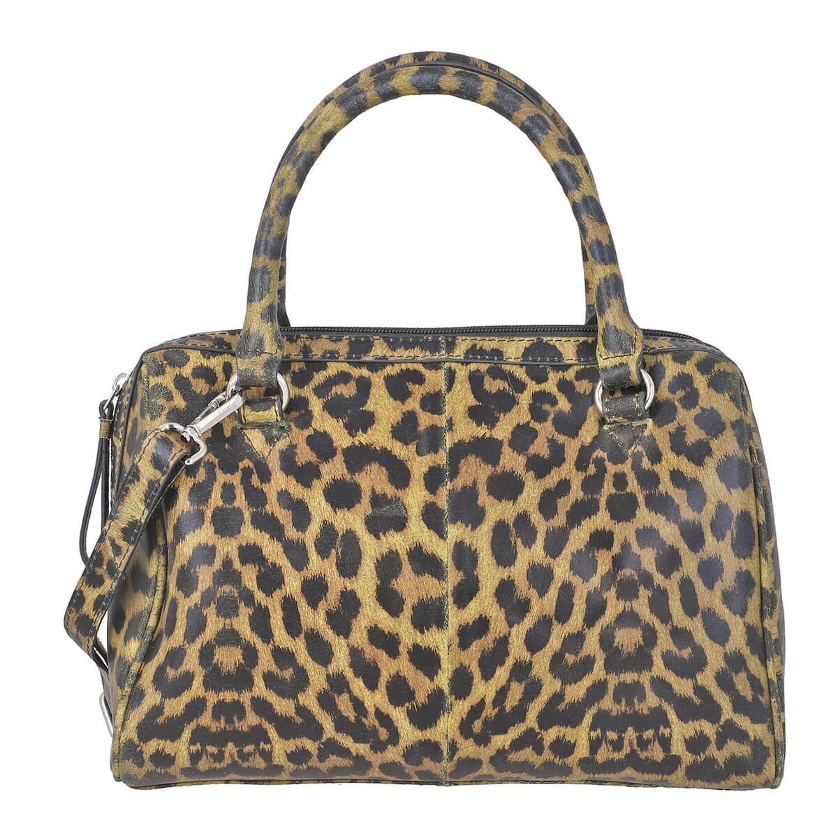 Tan and Black Leopard Foiled Pattern Genuine Leather Shoulder Bag with Adjustable Strap image number 0