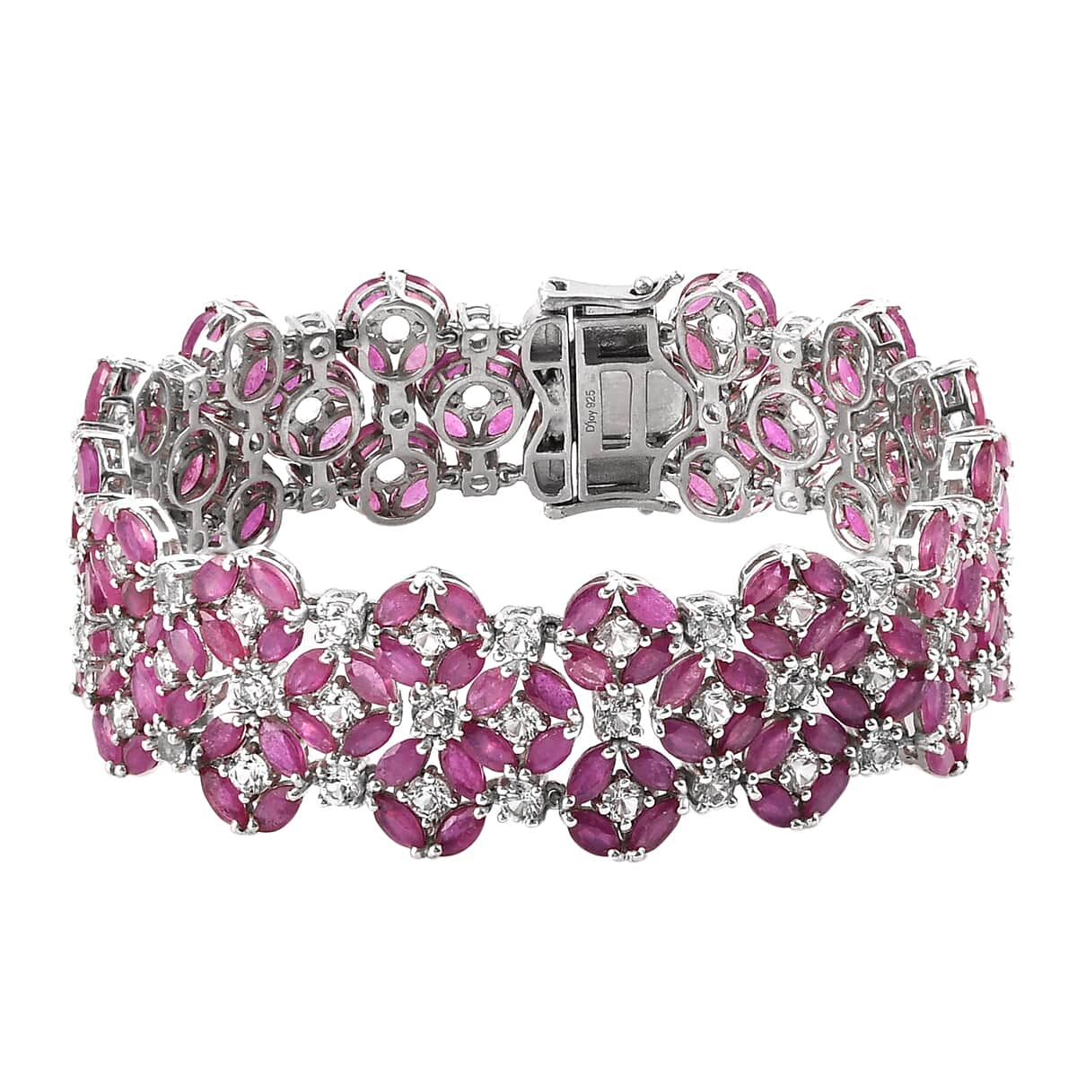 Niassa Ruby (FF) and White Topaz Floral Double Row Bracelet in Platinum Over Sterling Silver (7.25 In) 63.65 ctw image number 0