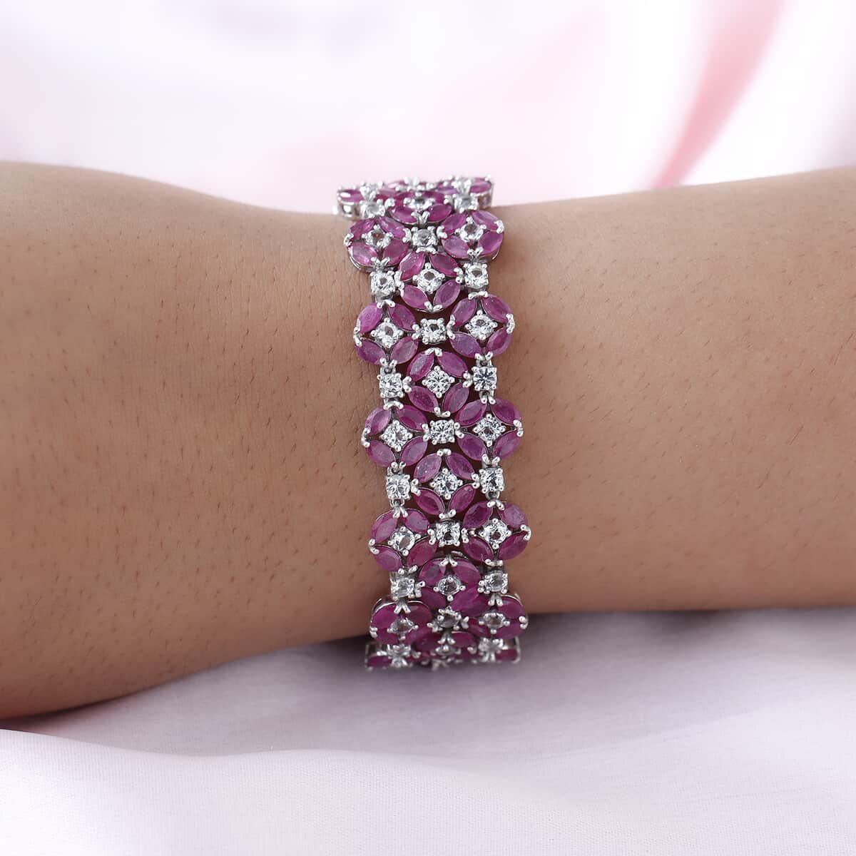 Niassa Ruby (FF) and White Topaz Floral Double Row Bracelet in Platinum Over Sterling Silver (7.25 In) 63.65 ctw image number 2