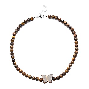 Tiger's Eye Beaded Butterfly Shape Necklace 18-20 Inches in Silvertone 240.00 ctw