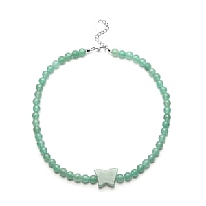 Green Aventurine Beaded Butterfly Shape Necklace 18-20 Inches in Silvertone 227.50 ctw