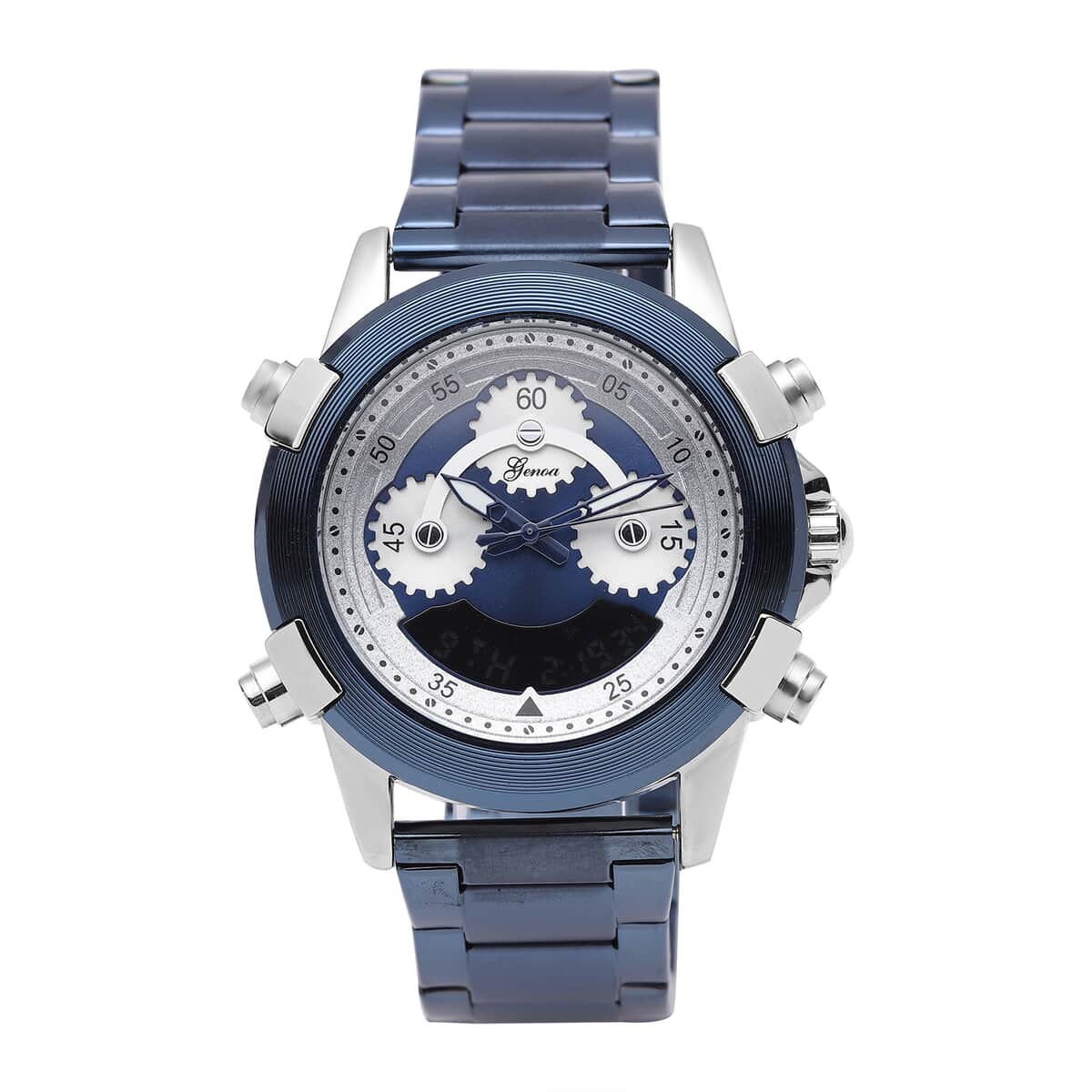 Genoa Japanese and Electronic Movement Multi Functional Watch in ION Plated Blue Stainless Steel Strap image number 0