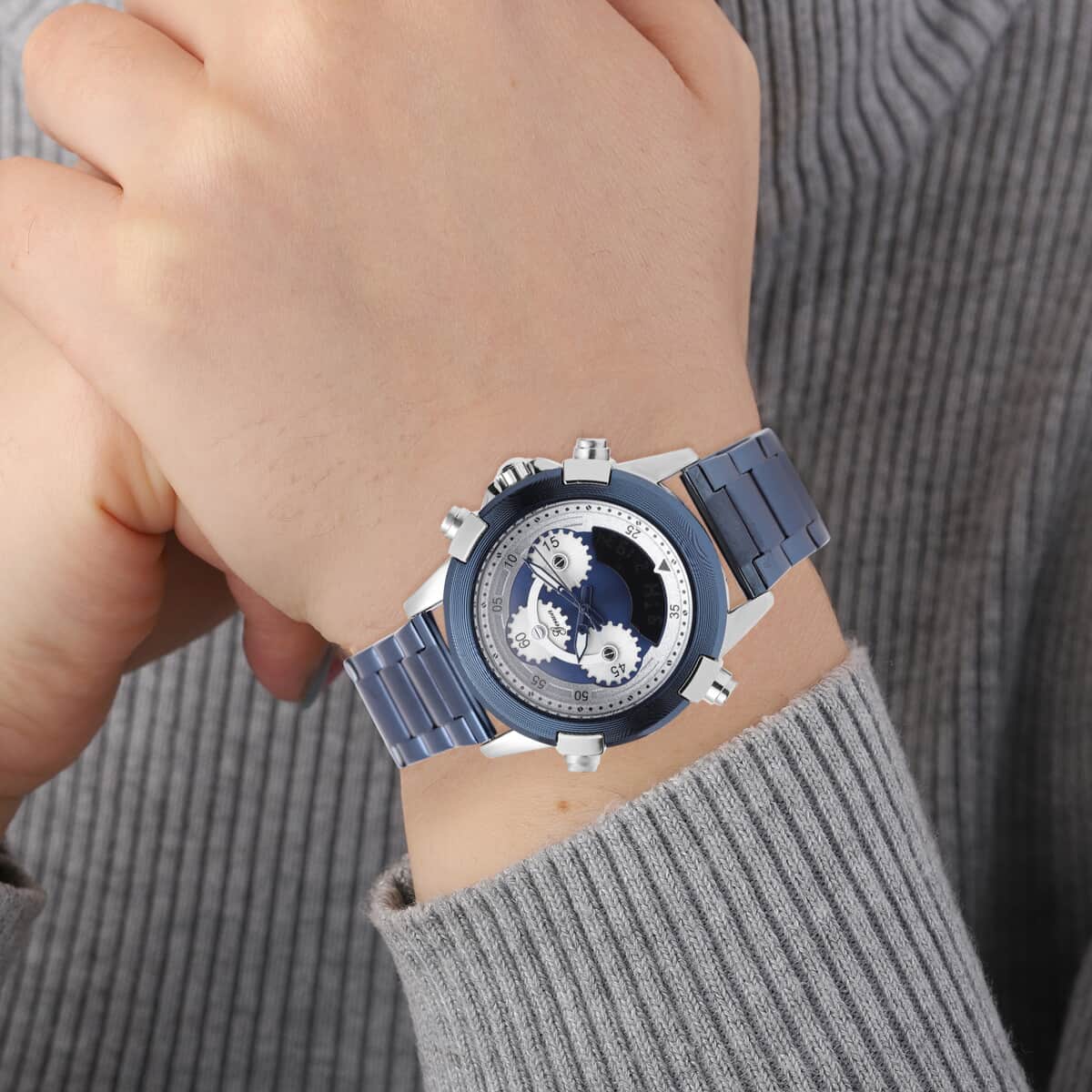 Genoa Japanese and Electronic Movement Multi Functional Watch in ION Plated Blue Stainless Steel Strap image number 2