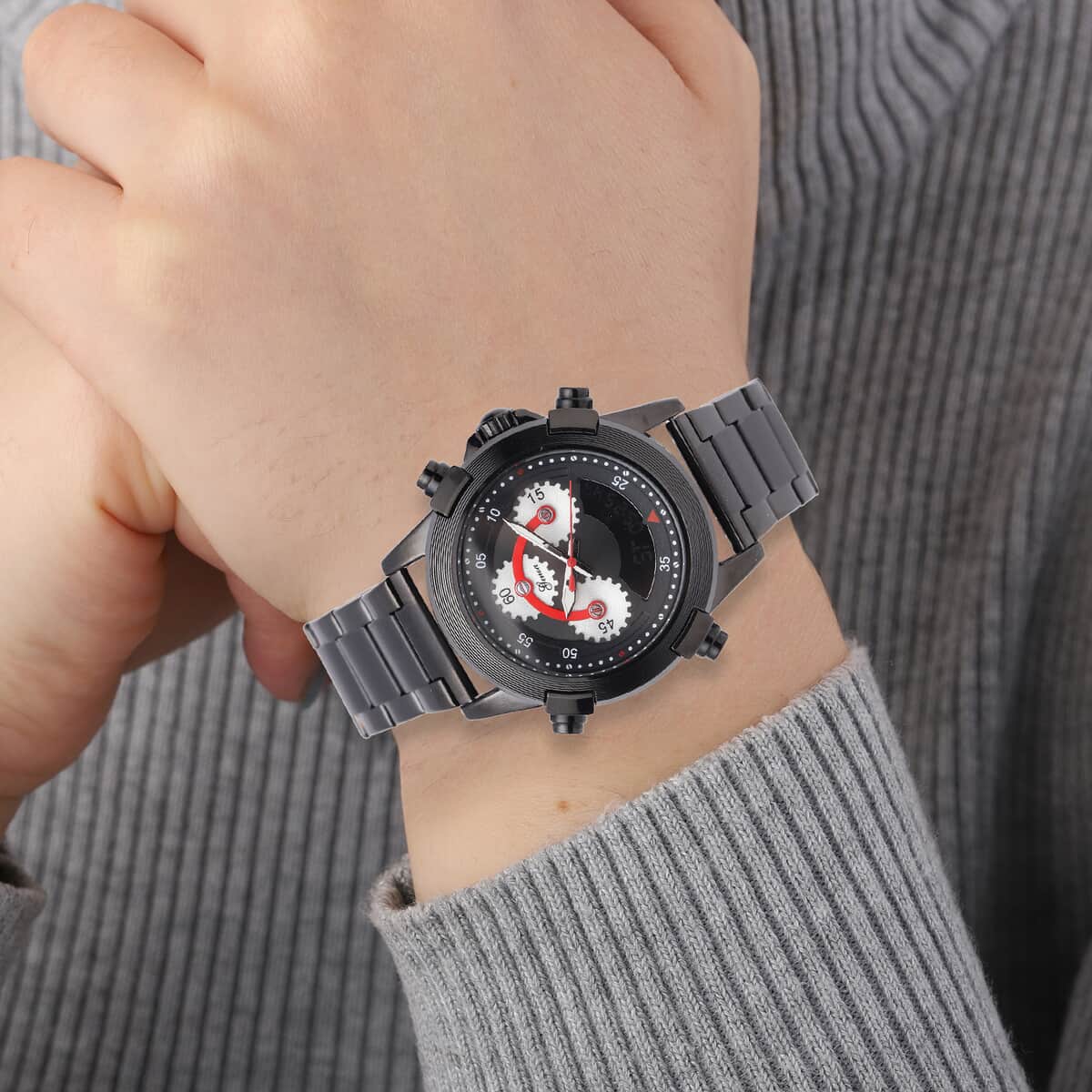 Genoa Japanese and Electronic Movement Multi Functional Watch in ION Plated Black Stainless Steel Strap image number 2