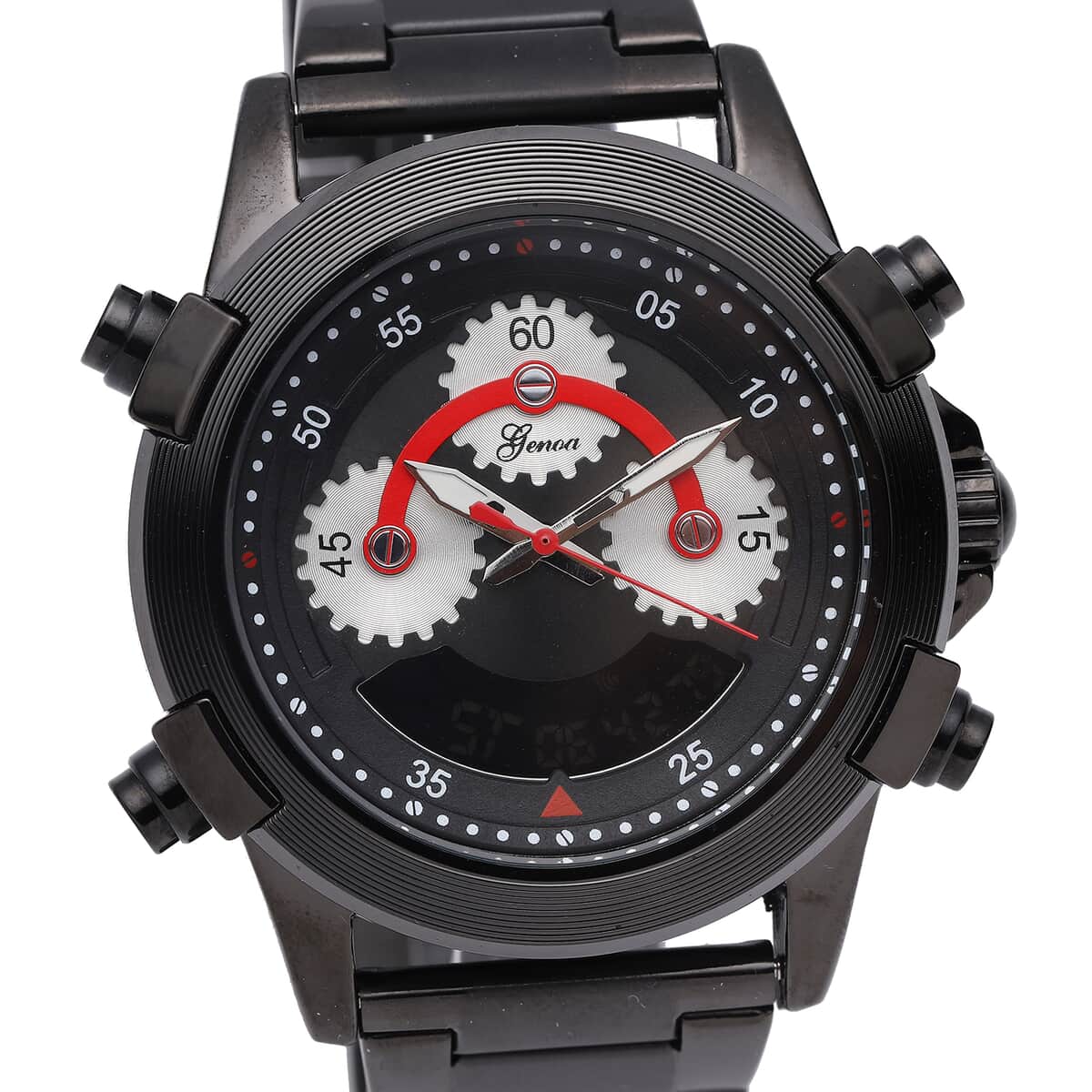 Genoa Japanese and Electronic Movement Multi Functional Watch in ION Plated Black Stainless Steel Strap image number 3