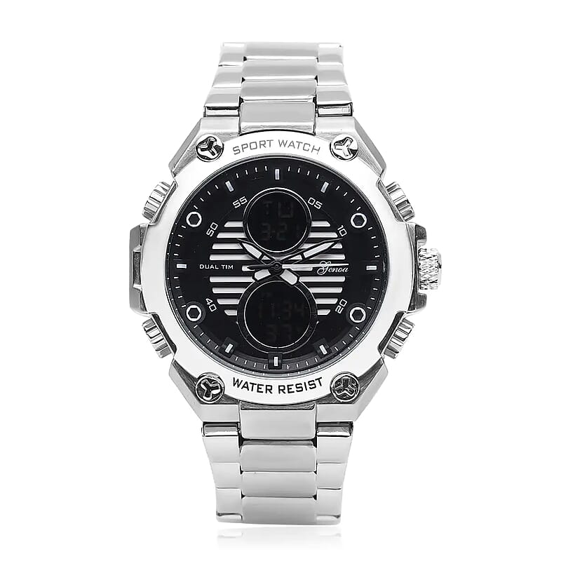 Genoa Japanese and Electronic Movement Multifunctional Key Silver Dial Watch in Stainless Steel Strap
