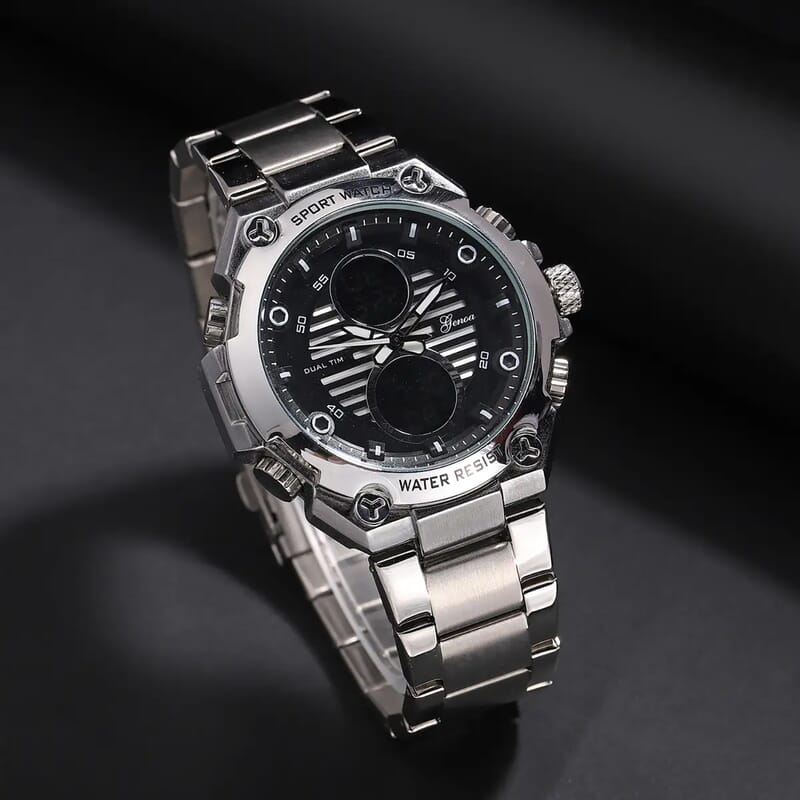 Genoa Japanese and Electronic Movement Multifunctional Key Silver Dial Watch in Stainless Steel Strap