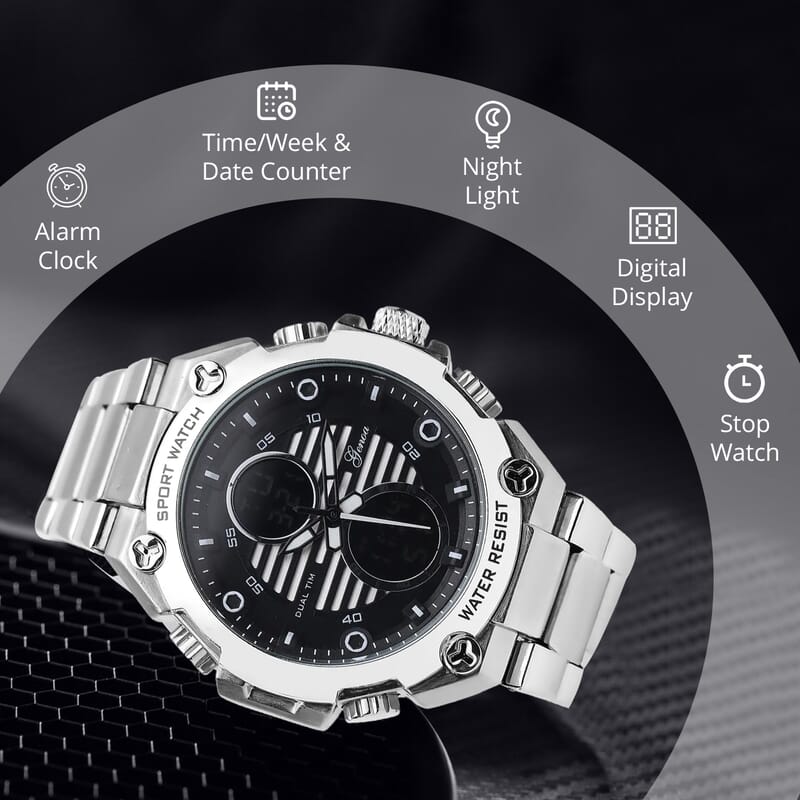 Genoa Japanese and Electronic Movement Multifunctional Key Silver Dial Watch in Stainless Steel Strap