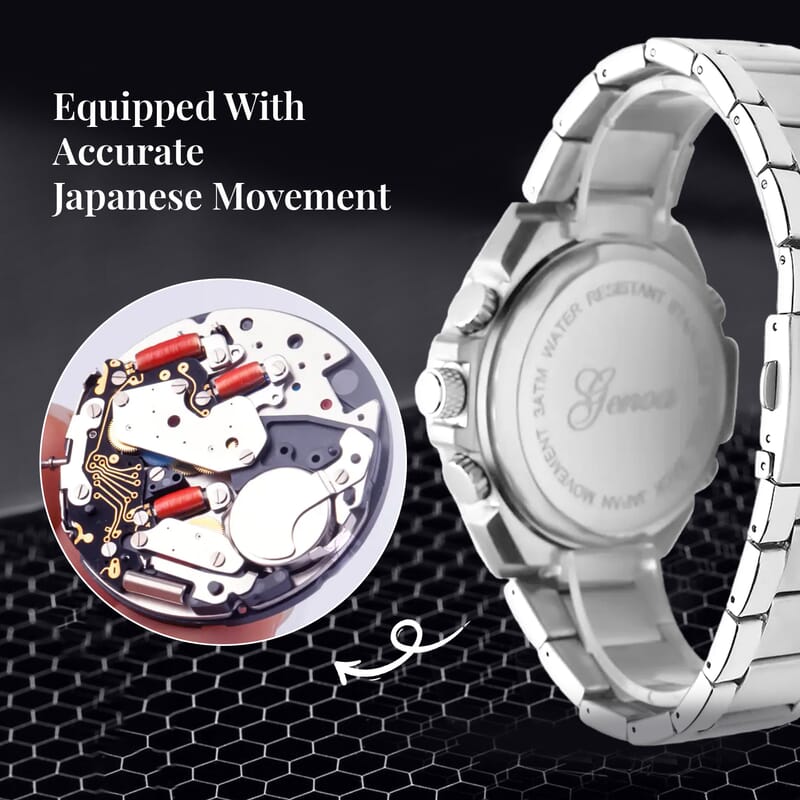 Genoa Japanese and Electronic Movement Multifunctional Key Silver Dial Watch in Stainless Steel Strap
