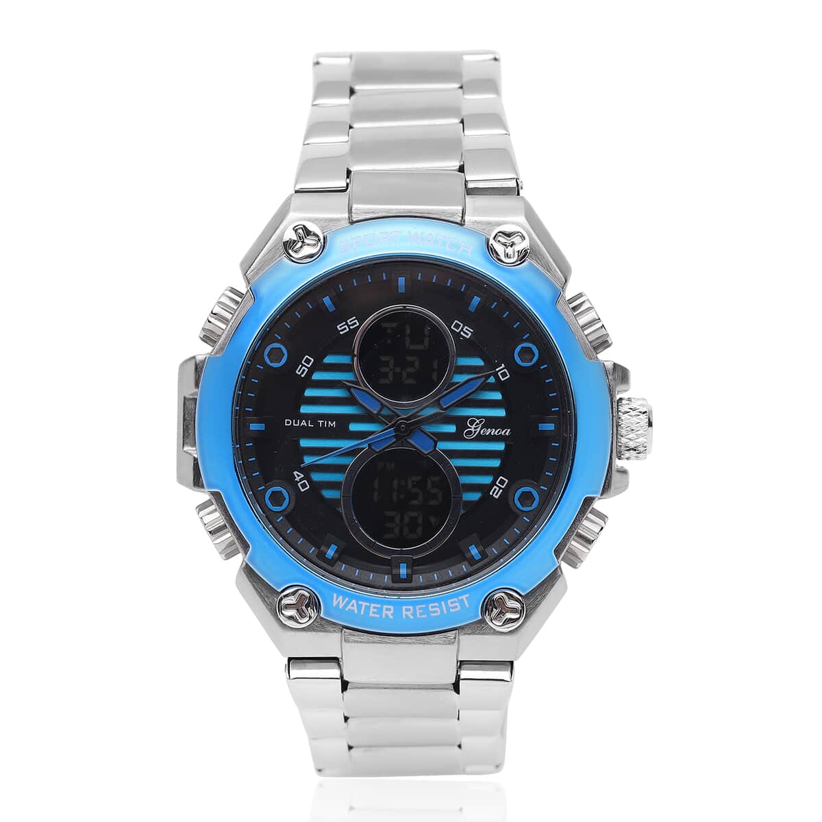 Genoa Japanese and Electronic Movement Multifunctional Key Blue Dial Watch in Stainless Steel Strap image number 0