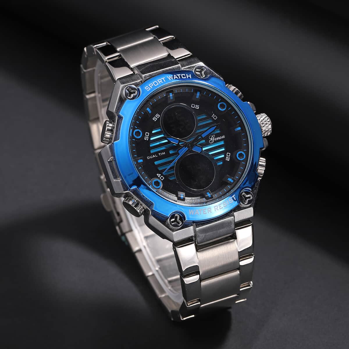 Genoa Japanese and Electronic Movement Multifunctional Key Blue Dial Watch in Stainless Steel Strap image number 1