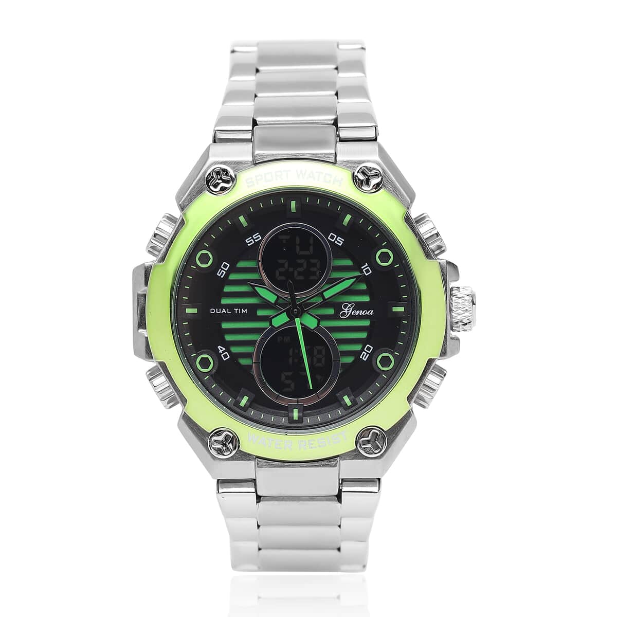 Genoa Japanese and Electronic Movement Multifunctional Key Green Dial Watch in Stainless Steel Strap image number 0