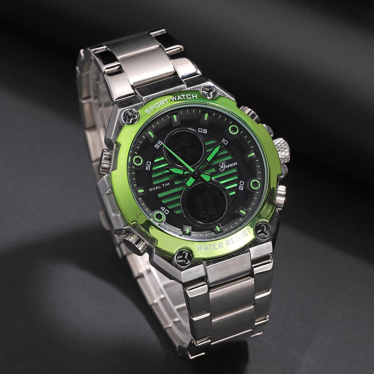 Genoa Japanese and Electronic Movement Multifunctional Key Green Dial Watch in Stainless Steel Strap image number 1