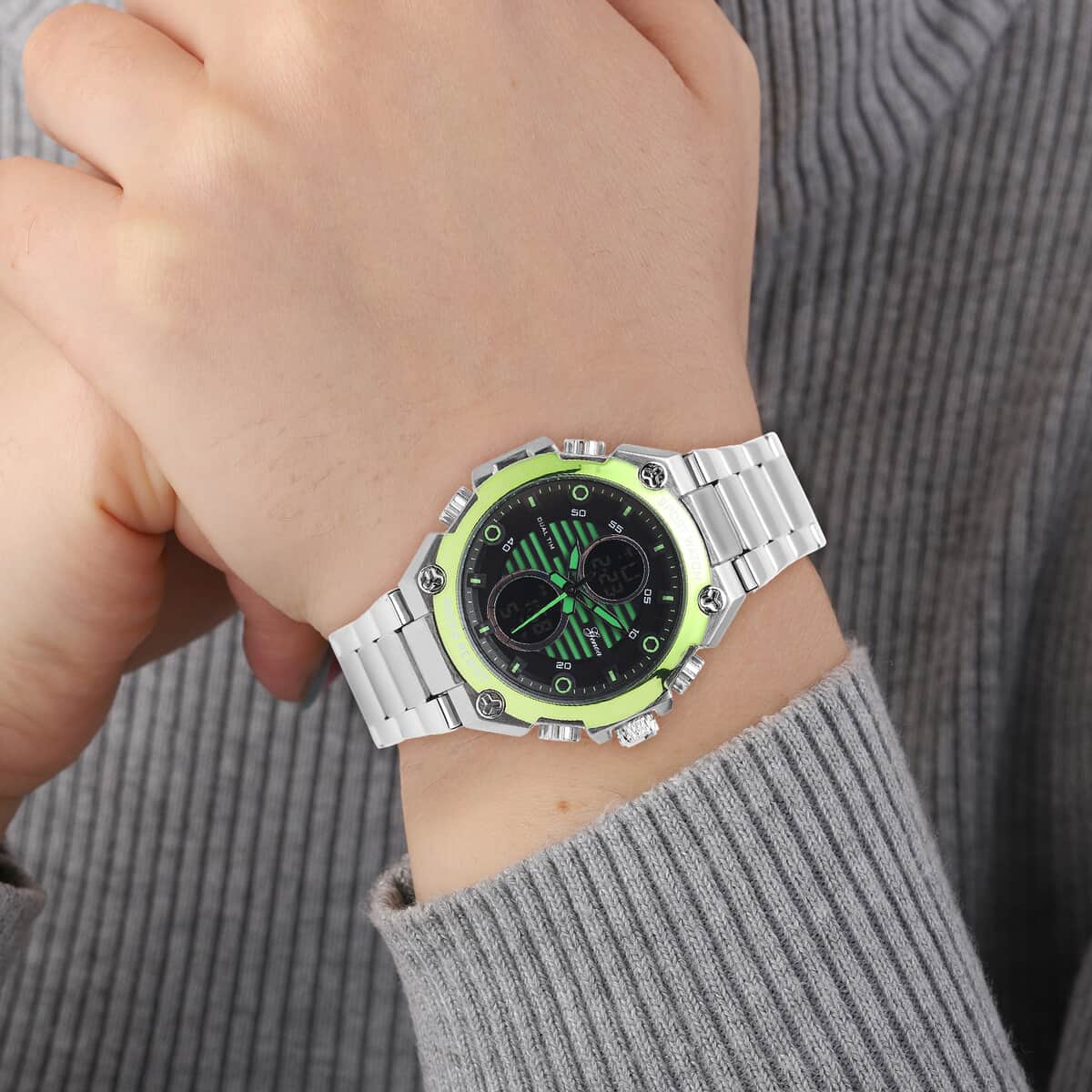 Genoa Japanese and Electronic Movement Multifunctional Key Green Dial Watch in Stainless Steel Strap image number 2