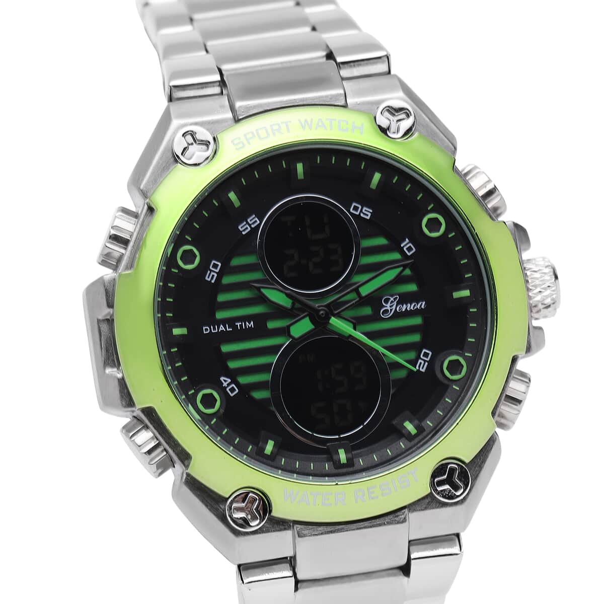 Genoa Japanese and Electronic Movement Multifunctional Key Green Dial Watch in Stainless Steel Strap image number 3