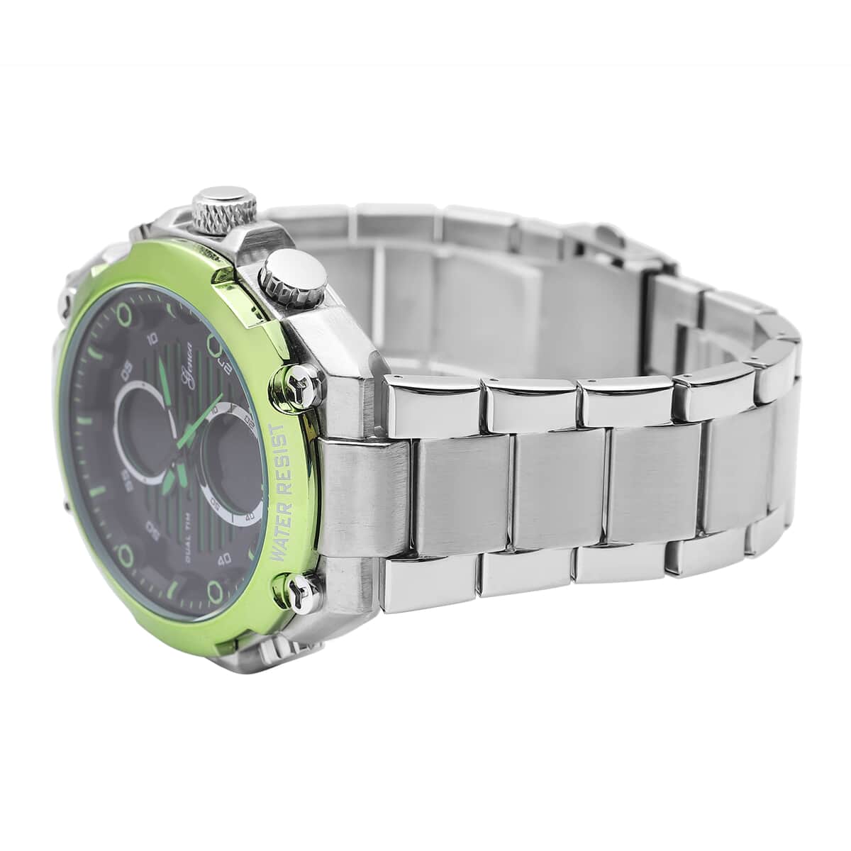 Genoa Japanese and Electronic Movement Multifunctional Key Green Dial Watch in Stainless Steel Strap image number 4