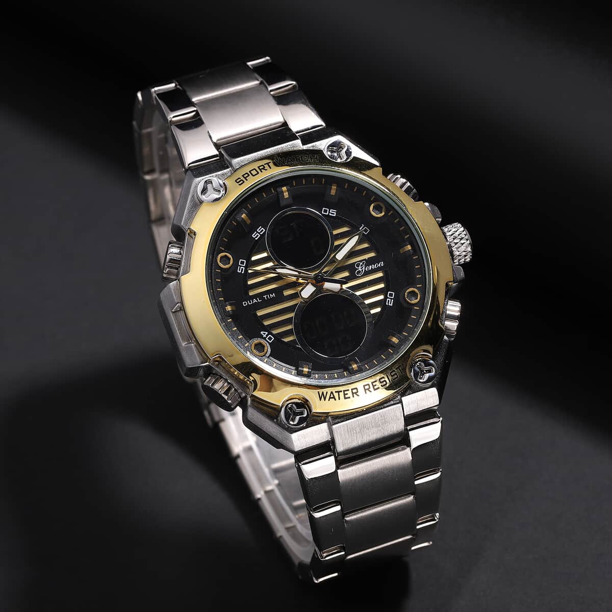 Genoa Japanese and Electronic Movement Multifunctional Key Golden Dial Watch in Stainless Steel Strap image number 1