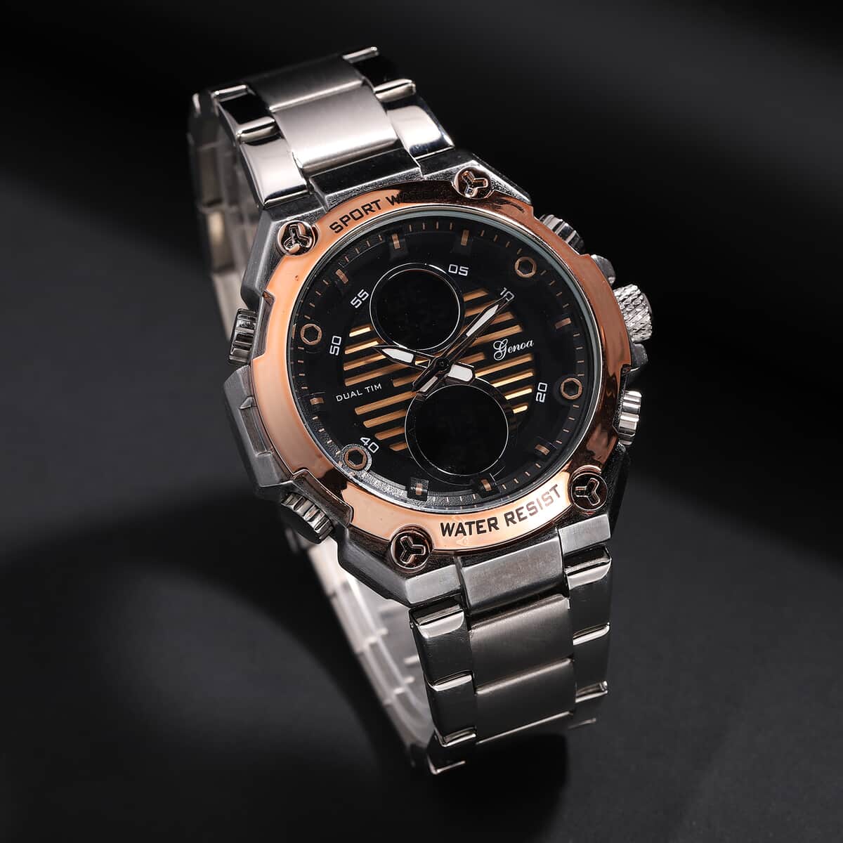 Genoa Japanese and Electronic Movement Multifunctional Key Rosegold Dial Watch in Stainless Steel Strap image number 1