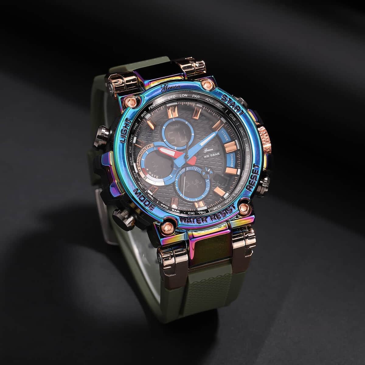 Genoa Japanese and Electronic Movement Multifunctional Key Watch with Army Green Silicone Strap image number 1