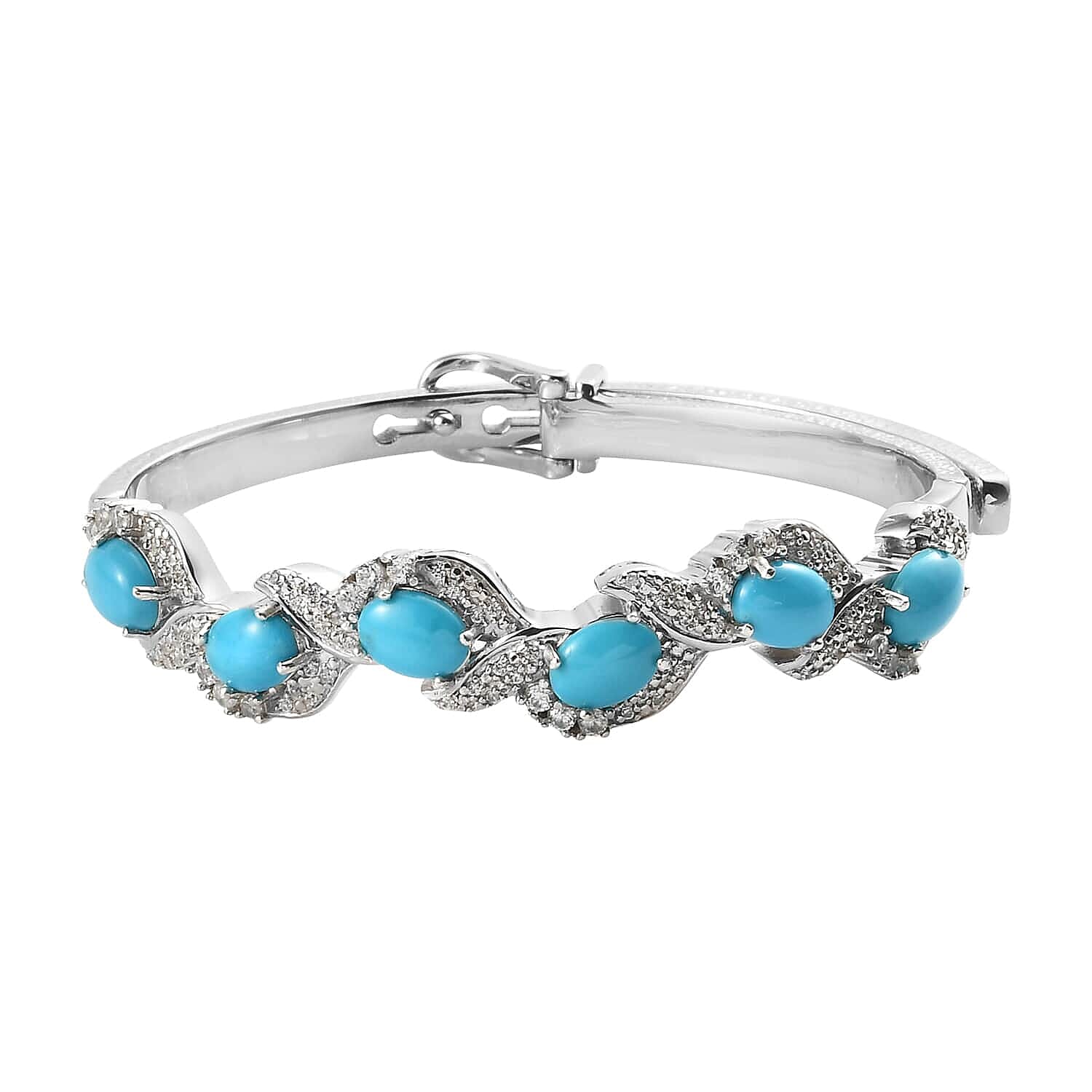 Sleeping Beauty Turquoise and Natural White Zircon Bangle Bracelet in Platinum Over Sterling Silver (7.25 In) 8.00 ctw