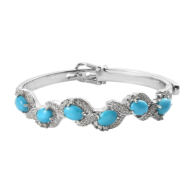 Sleeping Beauty Turquoise and Natural White Zircon Bangle Bracelet in Platinum Over Sterling Silver (7.25 In) 8.00 ctw