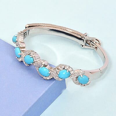 Sleeping Beauty Turquoise and Natural White Zircon Bangle Bracelet in Platinum Over Sterling Silver (7.25 In) 8.00 ctw