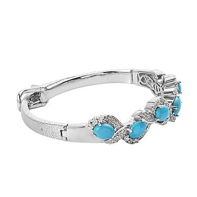 Sleeping Beauty Turquoise and Natural White Zircon Bangle Bracelet in Platinum Over Sterling Silver (7.25 In) 8.00 ctw