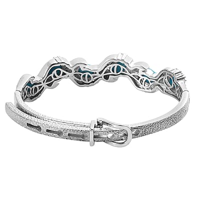 Sleeping Beauty Turquoise and Natural White Zircon Bangle Bracelet in Platinum Over Sterling Silver (7.25 In) 8.00 ctw