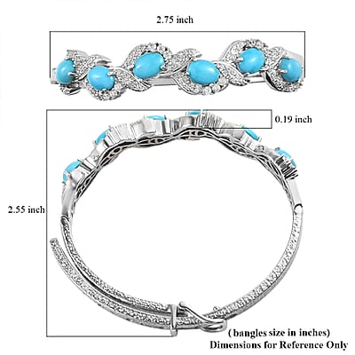 Sleeping Beauty Turquoise and Natural White Zircon Bangle Bracelet in Platinum Over Sterling Silver (7.25 In) 8.00 ctw
