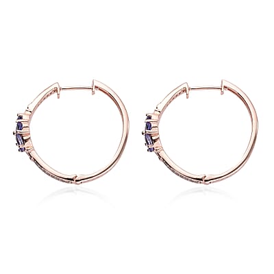 AAA Tanzanite and Natural White Zircon Hoop Earrings in Vermeil Rose Gold Over Sterling Silver 2.00 ctw