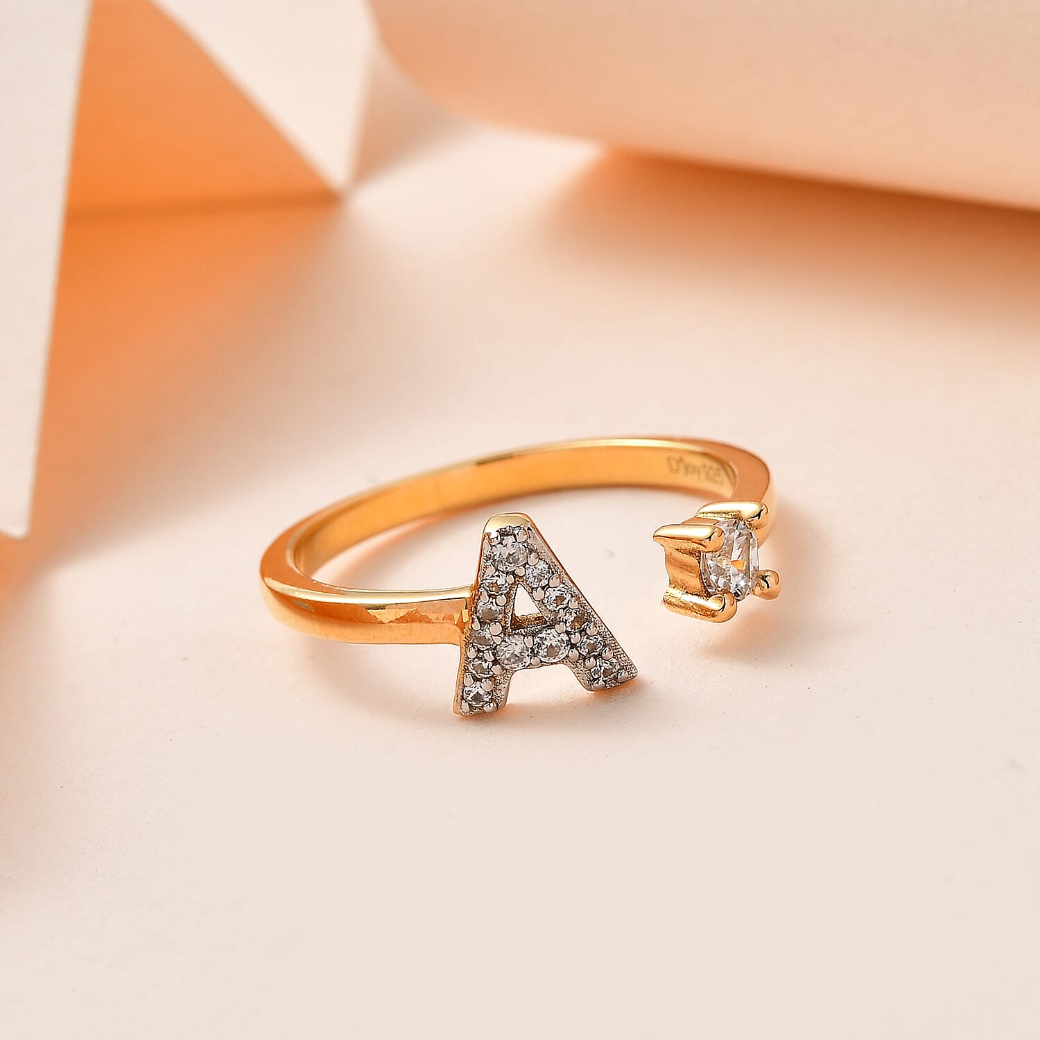 White Zircon Initial A Open Band Ring in Vermeil Yellow Gold Over Sterling Silver (Size 6.0) 0.30 ctw
