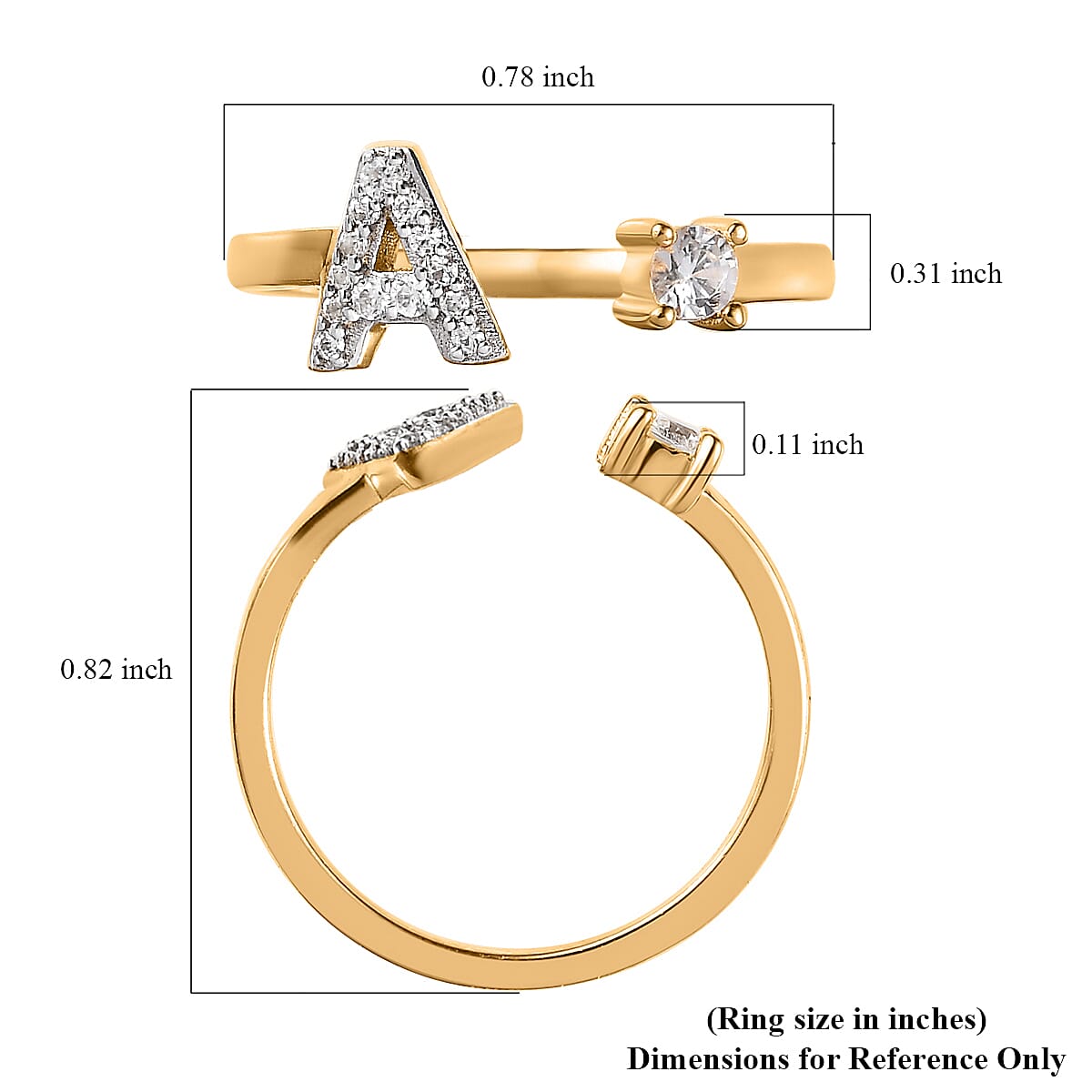 White Zircon Initial A Open Band Ring in Vermeil Yellow Gold Over Sterling Silver (Size 6.0) 0.30 ctw