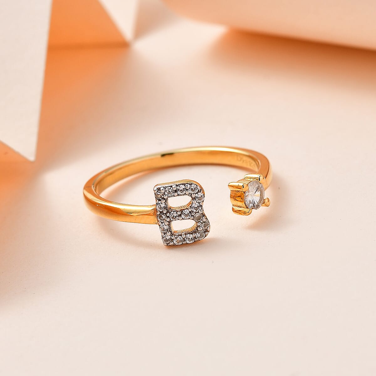 White Zircon Initial B Open Band Ring in Vermeil Yellow Gold Over Sterling Silver (Size 6.0) 0.35 ctw image number 1
