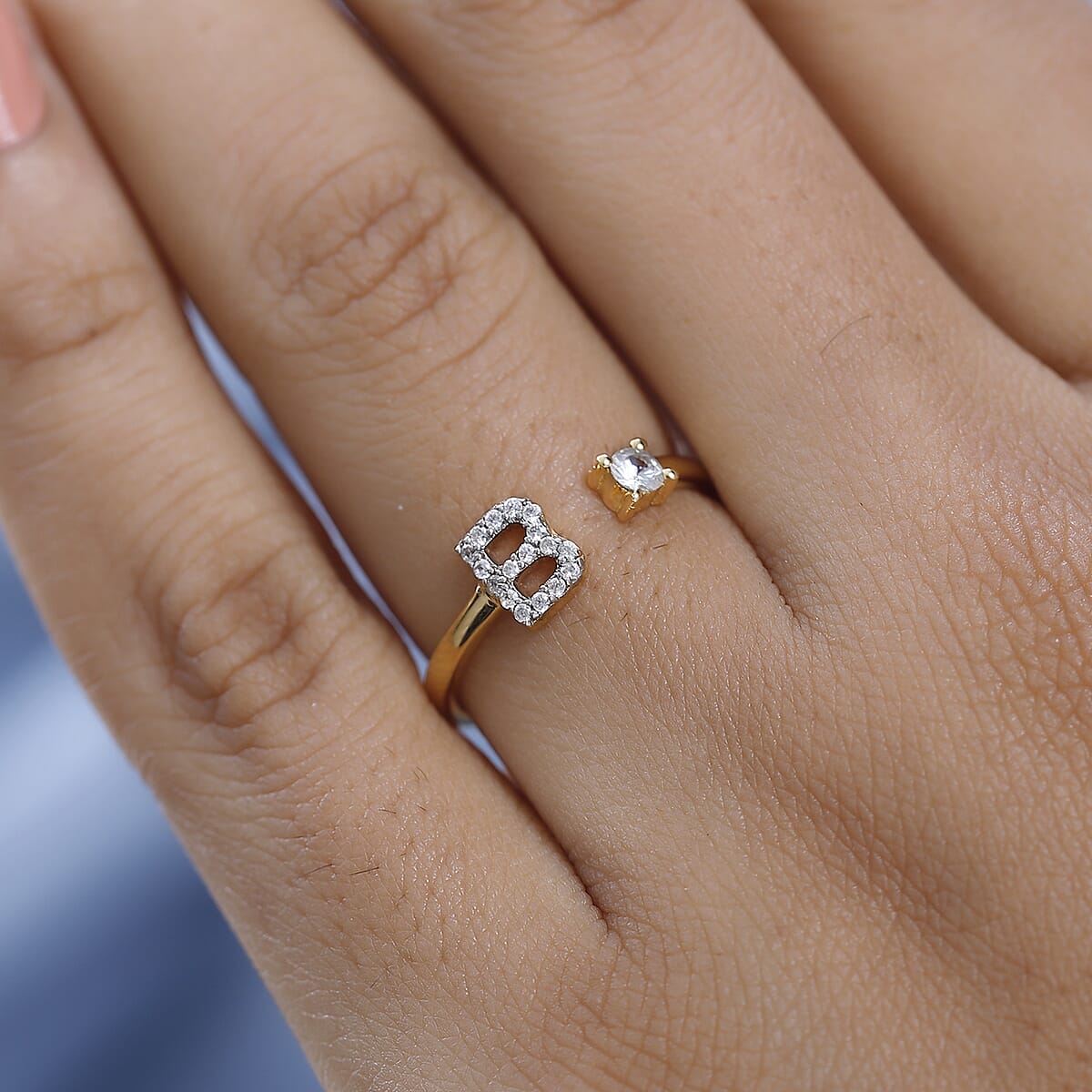 White Zircon Initial B Open Band Ring in Vermeil Yellow Gold Over Sterling Silver (Size 6.0) 0.35 ctw image number 2