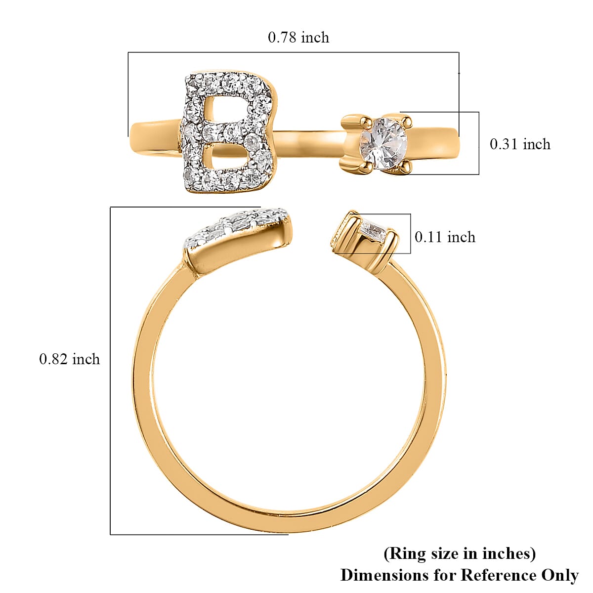 White Zircon Initial B Open Band Ring in Vermeil Yellow Gold Over Sterling Silver (Size 6.0) 0.35 ctw image number 5