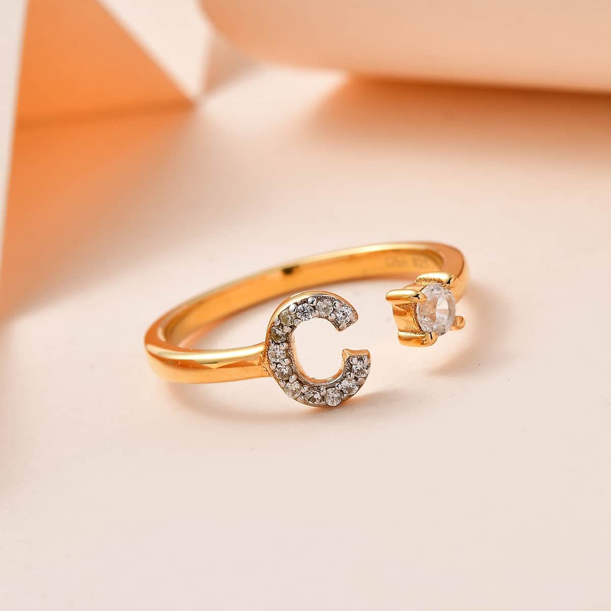 White Zircon Initial C Open Band Ring in Vermeil Yellow Gold Over Sterling Silver (Size 8.0) 0.30 ctw image number 1