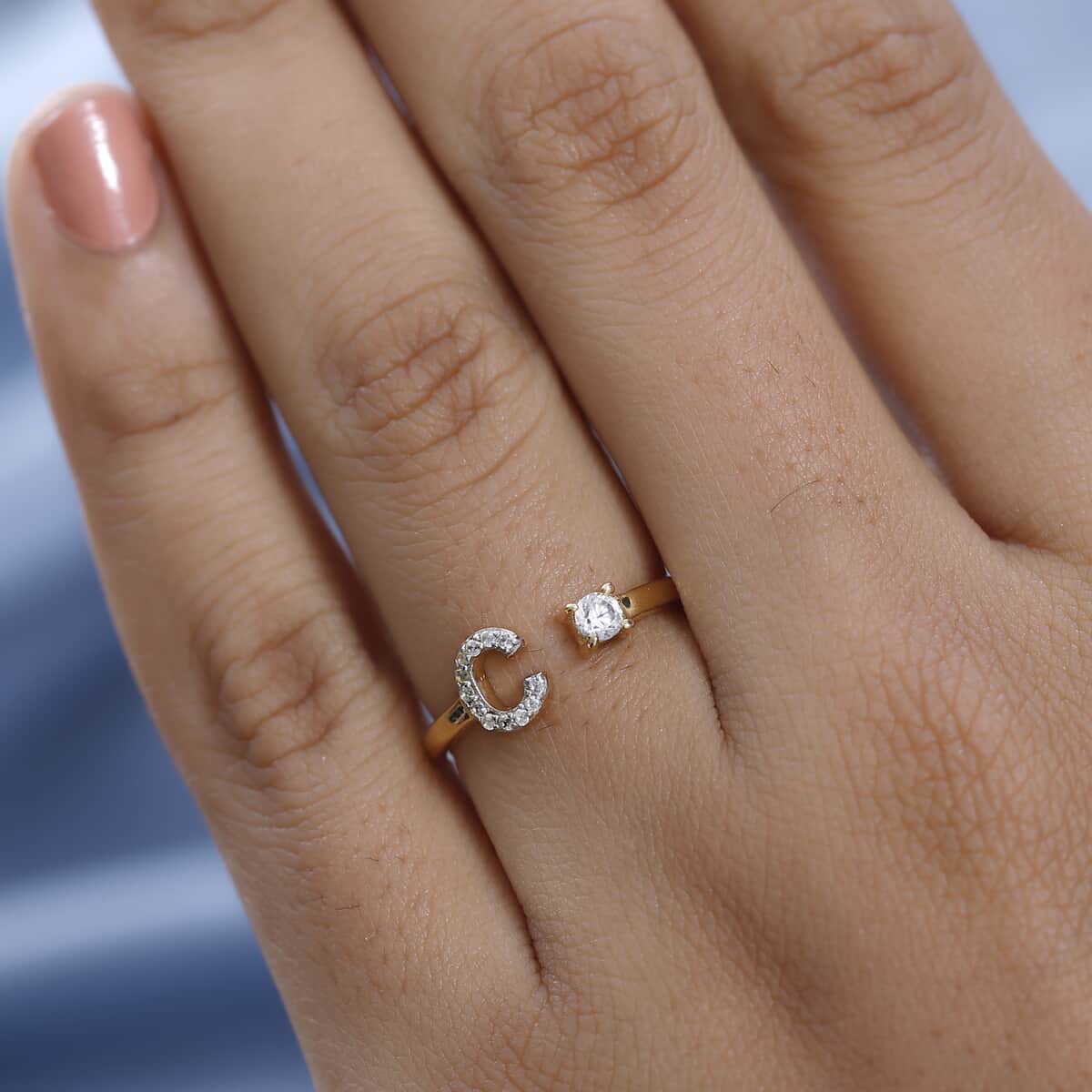 White Zircon Initial C Open Band Ring in Vermeil Yellow Gold Over Sterling Silver (Size 8.0) 0.30 ctw image number 2