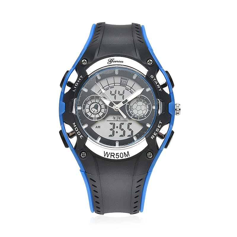 Genoa Japanese and Electronic Movement Multi Functional Watch with Blue and Black Strap (5.50-7.50Inches) (42mm)