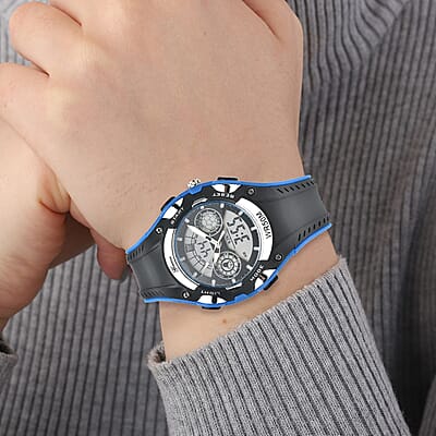 Genoa Japanese and Electronic Movement Multi Functional Watch with Blue and Black Strap (5.50-7.50Inches) (42mm)