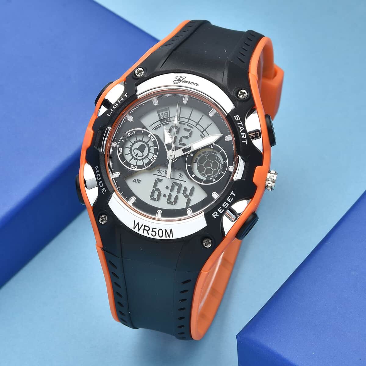 Genoa Japanese and Electronic Movement Multi Functional Watch with Orange and Black Strap (5.50-7.50Inches) (42mm) image number 1