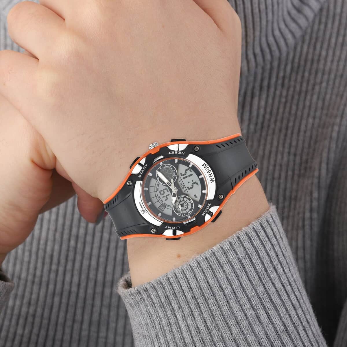 Genoa Japanese and Electronic Movement Multi Functional Watch with Orange and Black Strap (5.50-7.50Inches) (42mm) image number 2