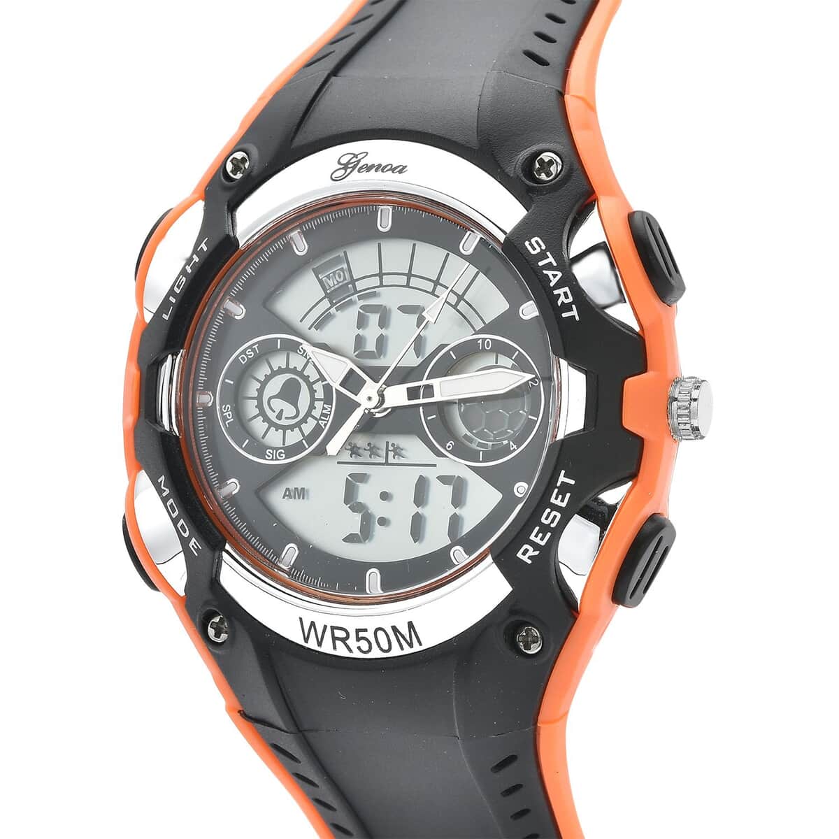 Genoa Japanese and Electronic Movement Multi Functional Watch with Orange and Black Strap (5.50-7.50Inches) (42mm) image number 3