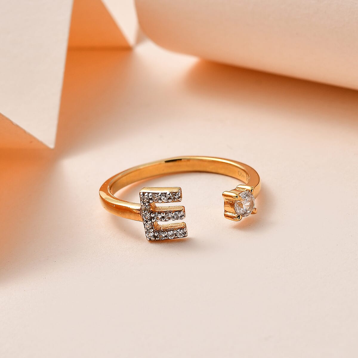 White Zircon Initial E Open Band Ring in Vermeil Yellow Gold Over Sterling Silver (Size 9.0) 0.30 ctw image number 1