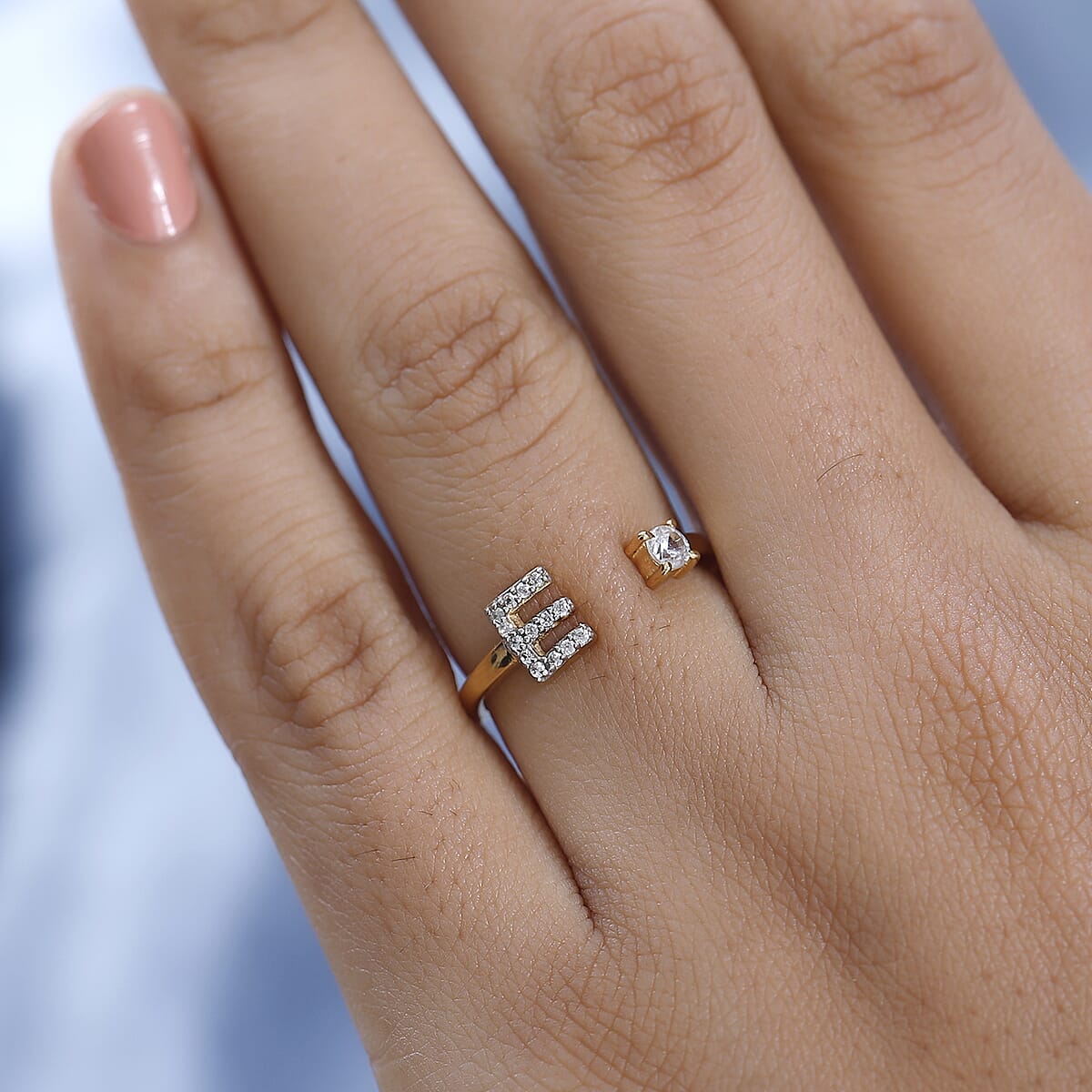 White Zircon Initial E Open Band Ring in Vermeil Yellow Gold Over Sterling Silver (Size 9.0) 0.30 ctw image number 2