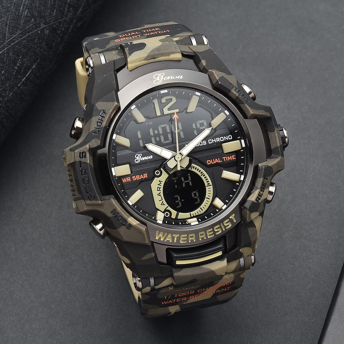 Genoa Japanese and Electronic Movement Multi Functional Sport Watch with Camouflage Green Strap (6.50-8.50Inches) (52mm) image number 1