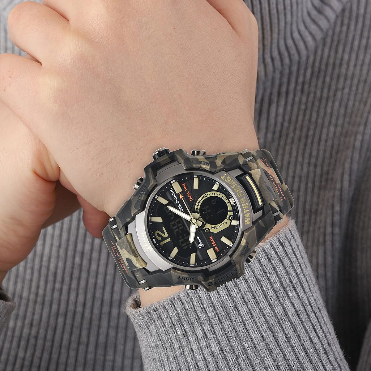 Genoa Japanese and Electronic Movement Multi Functional Sport Watch with Camouflage Green Strap (6.50-8.50Inches) (52mm) image number 2