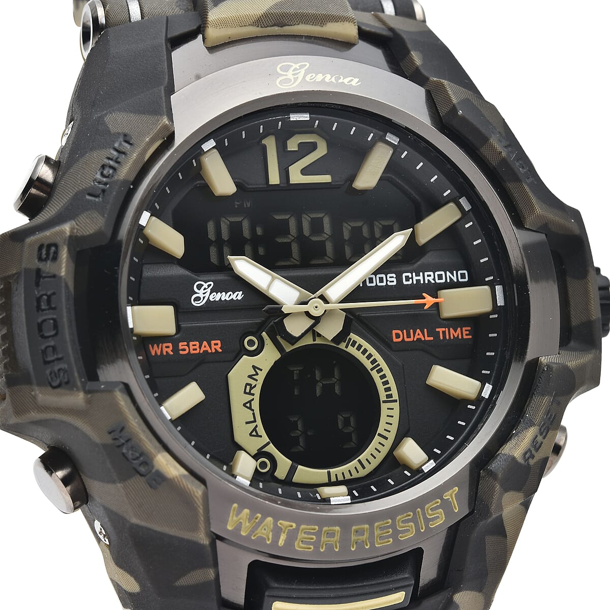 Genoa Japanese and Electronic Movement Multi Functional Sport Watch with Camouflage Green Strap (6.50-8.50Inches) (52mm) image number 3