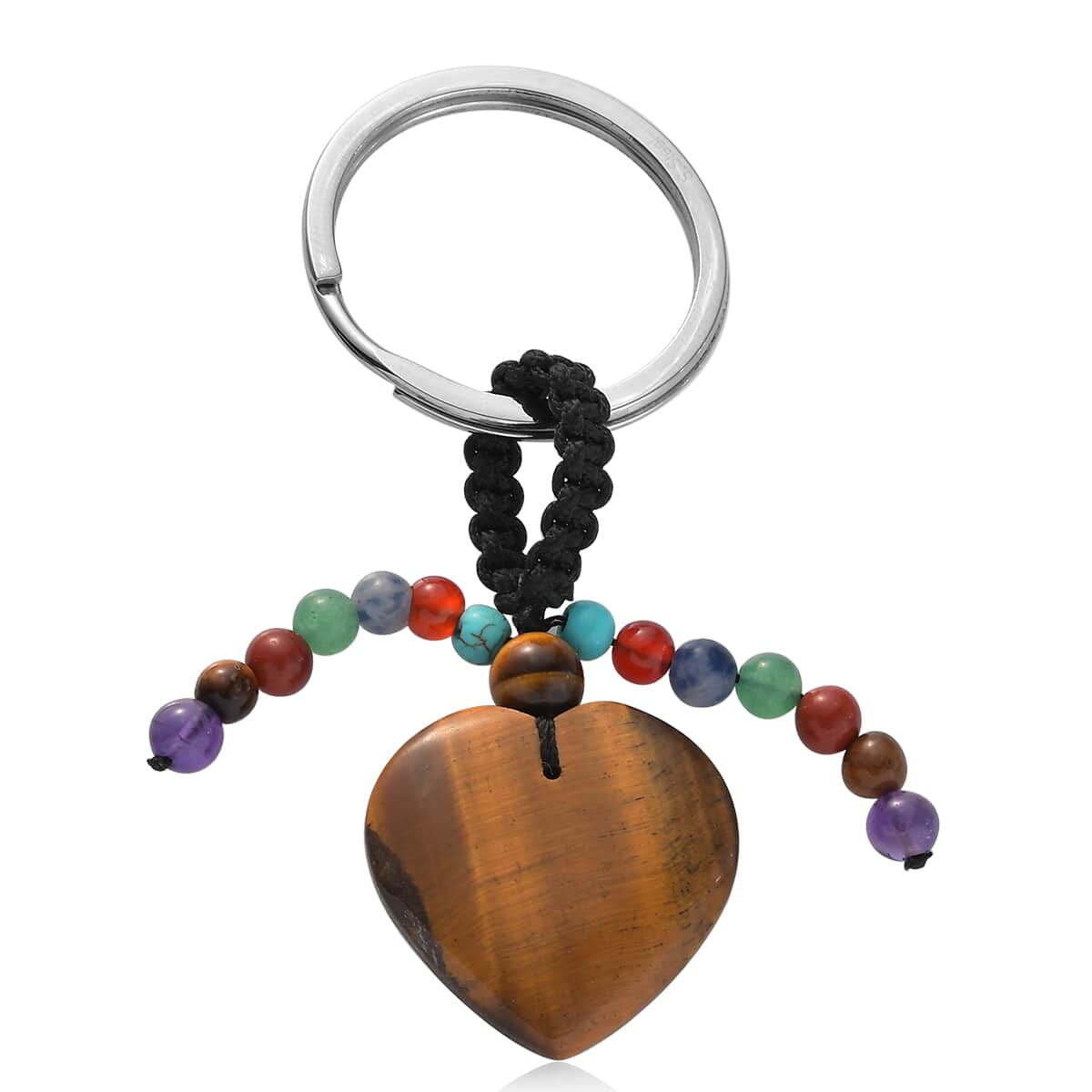 South African Tiger's Eye, Multi Gemstone Heart Keychain in Stainless Steel 38.40 ctw image number 0