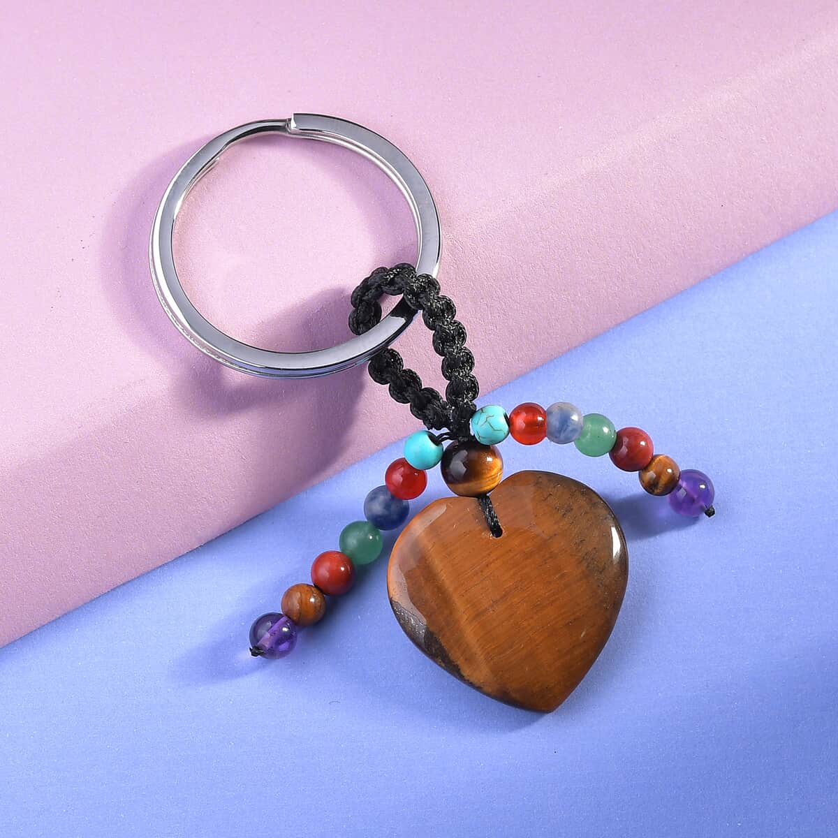 South African Tiger's Eye, Multi Gemstone Heart Keychain in Stainless Steel 38.40 ctw image number 1