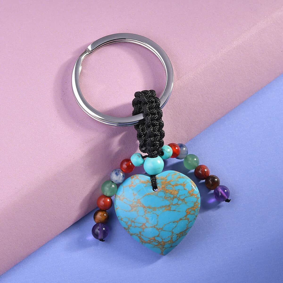 Blue Howlite and Multi Gemstone Heart Keychain in Stainless Steel 37.40 ctw image number 1